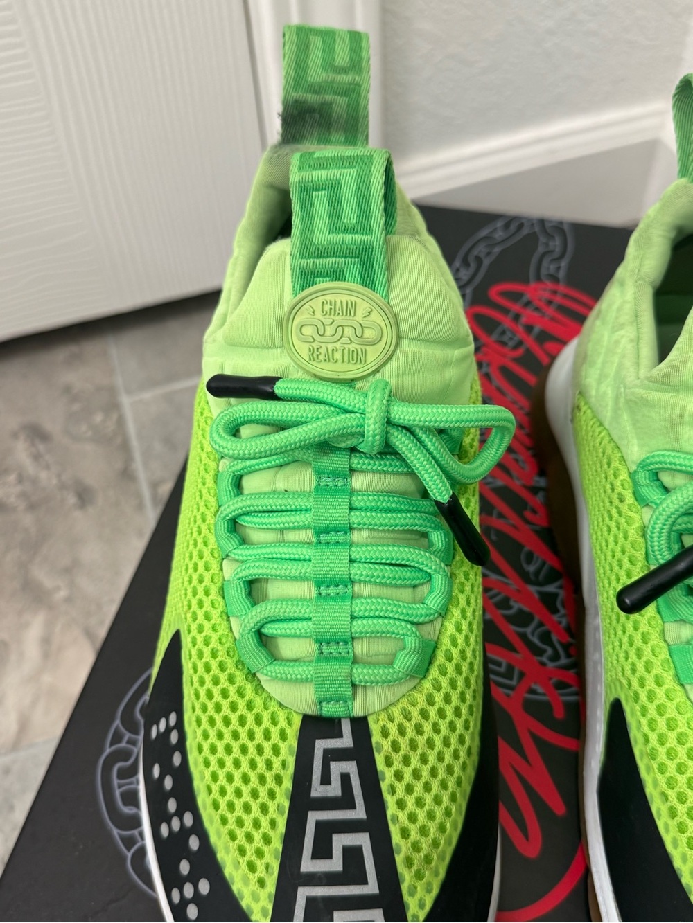 Versace Bright Green Mesh and Black Accent Sneakers - Picture 3 of 12